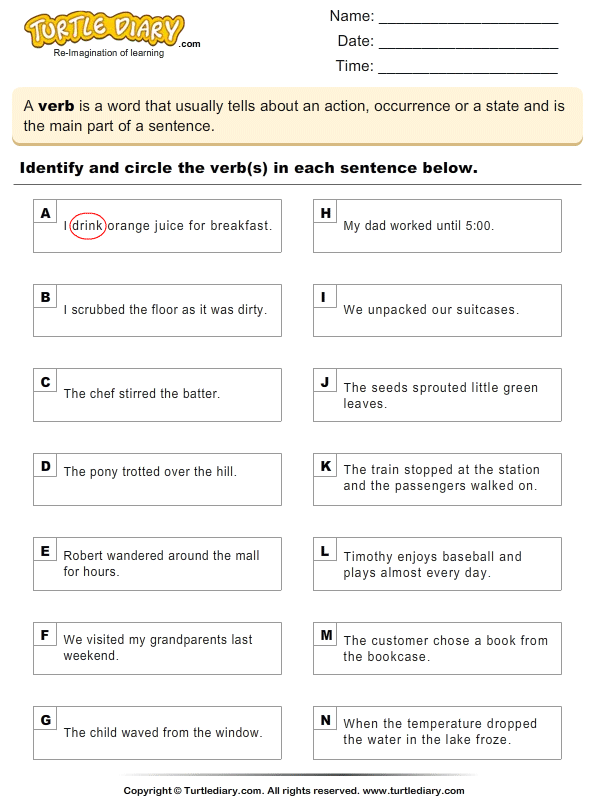 Identifying Verbs Worksheets