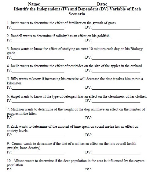 Independent And Dependent Variables Math Worksheet With Answer Key