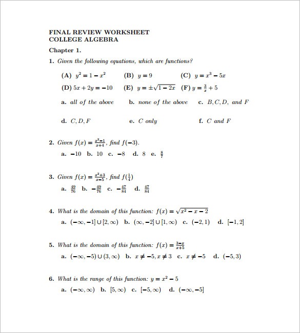 College Algebra Worksheets