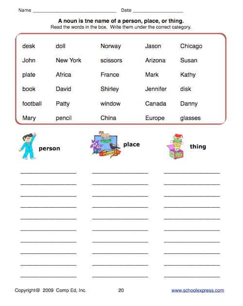 School Express Noun Worksheet