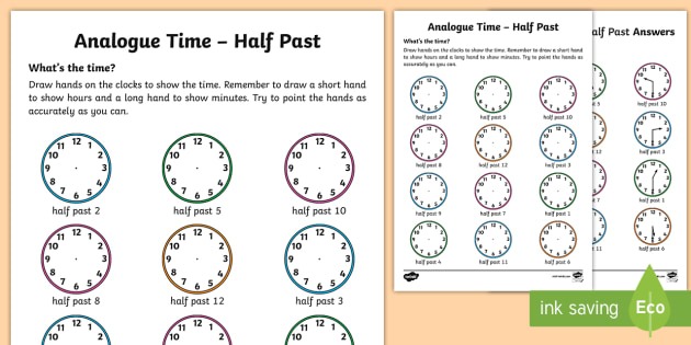 Analogue Time Half Past Worksheet   Worksheet