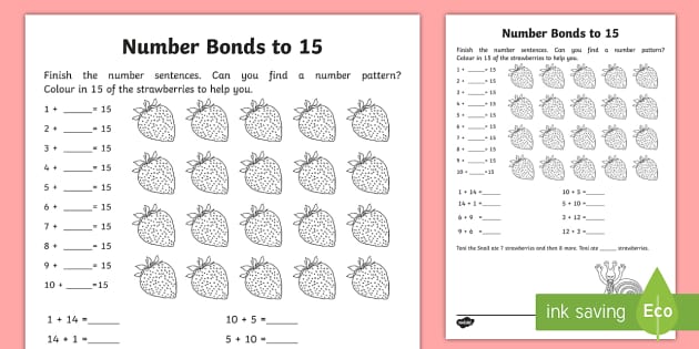 Number Bonds Within 20  Bonds To 15 Worksheet   Worksheet