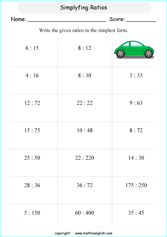 Simplify These Basic Ratios Math Worksheet For Grade 5 Students