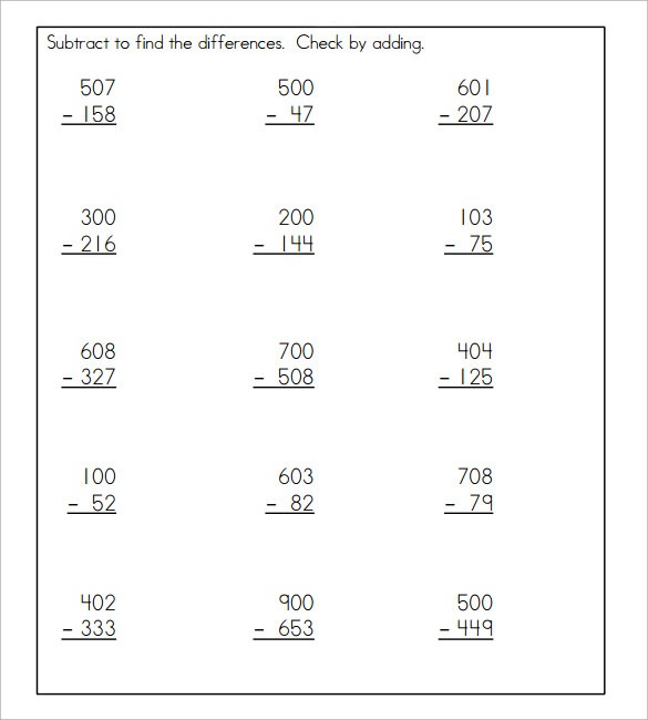 Sample Subtraction Across Zeros Worksheet