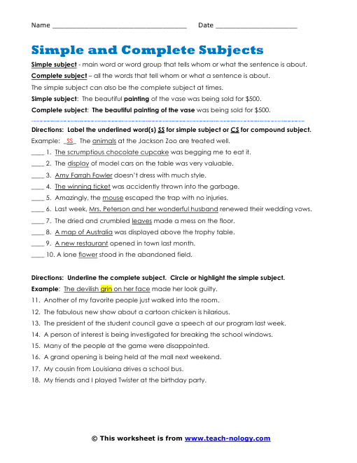 Complete Subject And Predicate Worksheet