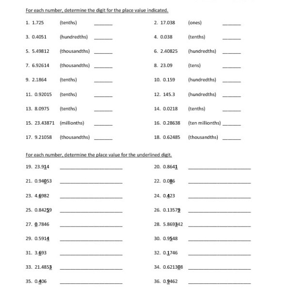 Sixth Grade Decimal Place Values Worksheet 05 â One Page Worksheets
