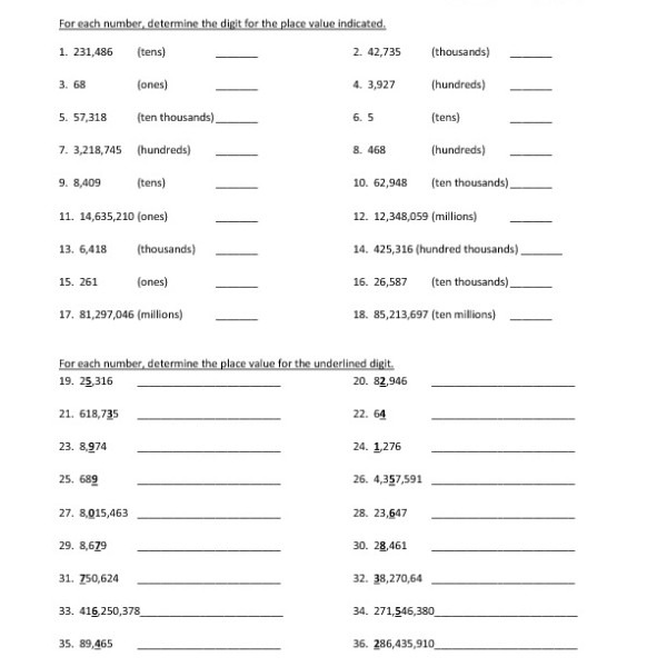 Sixth Grade Whole Number Place Values Worksheet 05 One Page Worksheets Samples