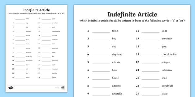Indefinite Article Worksheet