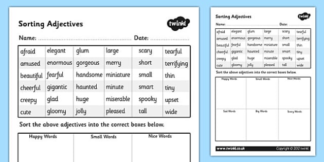 Sorting Adjectives Worksheet