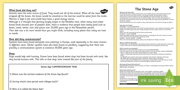 Stone Age Reading Comprehension Activity
