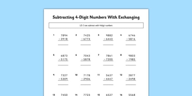 Subtracting 4 Digit Numbers With Exchanging