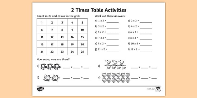 2 Times Table (2x Table) Worksheet