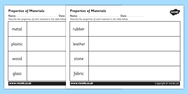 Properties Of Materials Worksheet