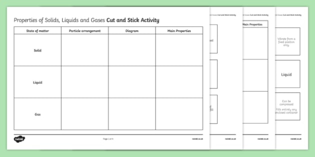 Properties Of Solids, Liquids And Gases Cut And Stick Worksheet