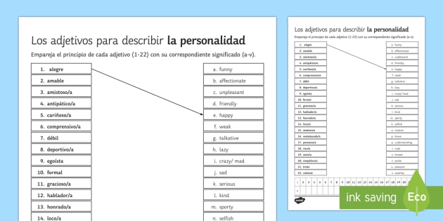 Adjectives For Personality Description Matching Worksheet
