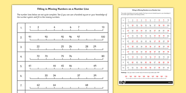Filling In Missing Numbers On A Number Line Worksheet