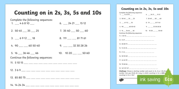 Counting In 2s, 3s, 5s And 10s Worksheet