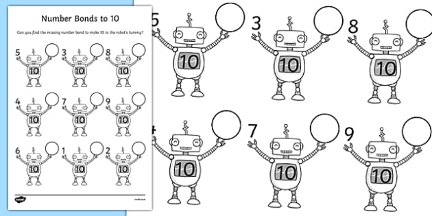 Number Bonds To 10 On Robots Worksheet