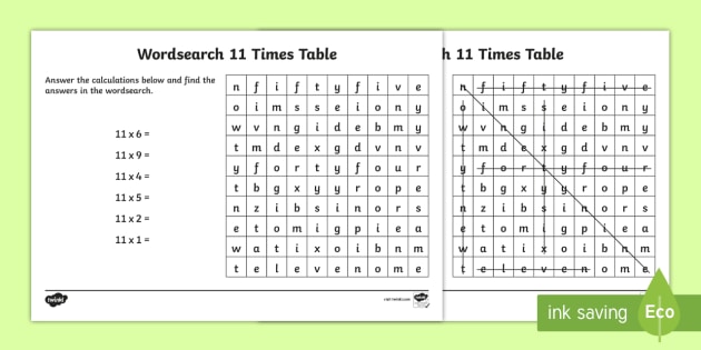 Multiplication 11 Times Tables Wordsearch Worksheet