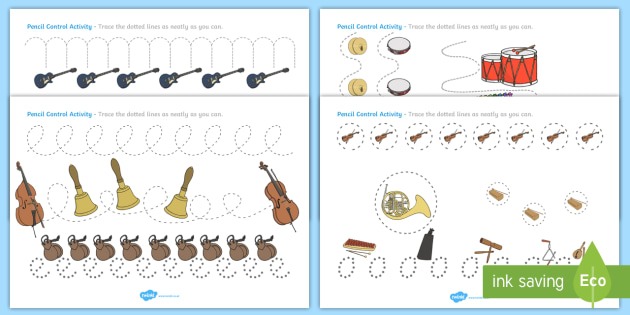 Musical Instruments Pencil Control Worksheets