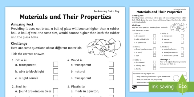 Materials And Their Properties Worksheet   Worksheet