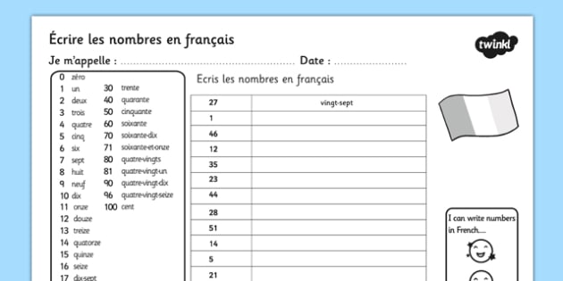Writing French Numbers Worksheet