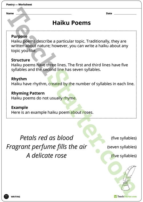 Writing A Haiku Poem Worksheet Teaching Resource â Teach Starter