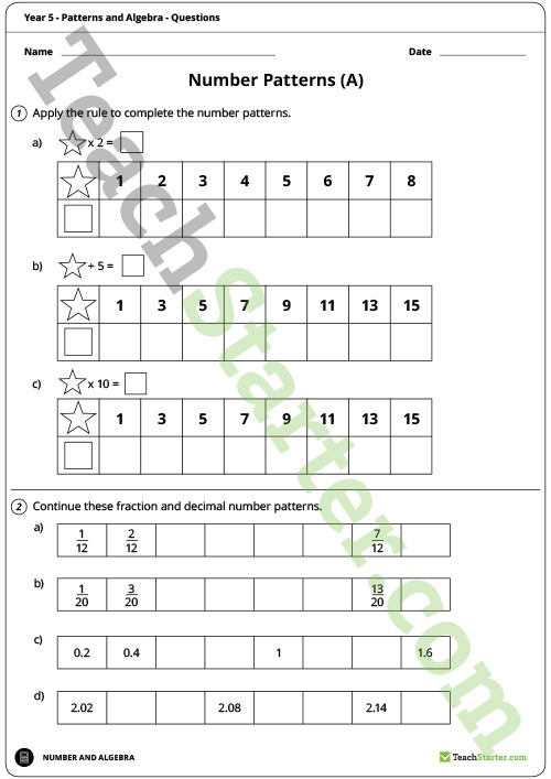 Patterns And Algebra Worksheets