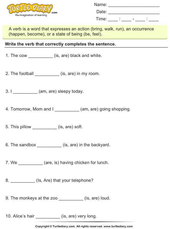 Verbs Is Am Are Worksheet
