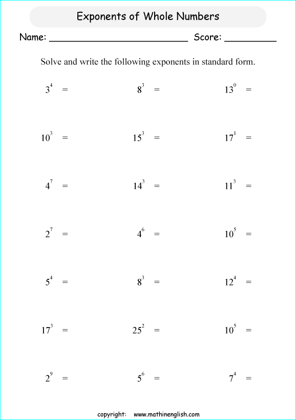 Math Worksheet With Exponents Of Whole Numbers  Find The Value Of
