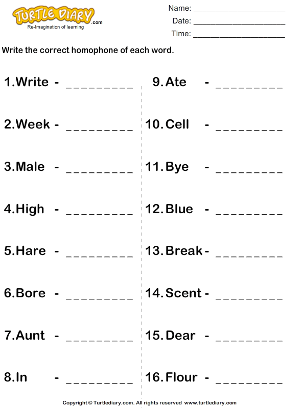 Write Homophone Of Each Word Worksheet