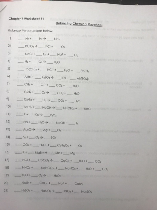 Balancing Chemical Equations Chapter 7 Worksheet 1