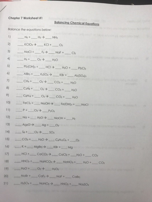 Balancing Chemical Equations Chapter 7 Worksheet 1