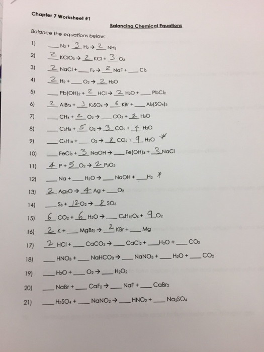 Balancing Chemical Equations Chapter 7 Worksheet 1