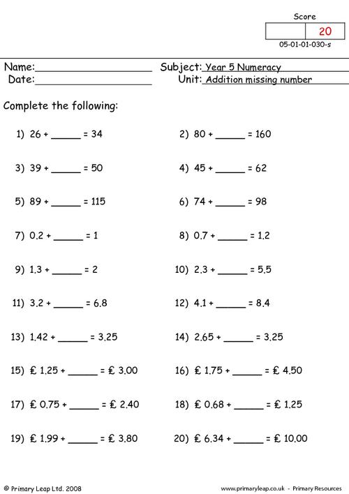 Addition Missing Numbers
