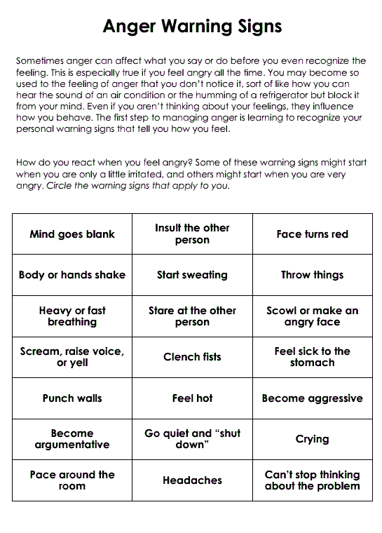 Anger Warning Signs (worksheet