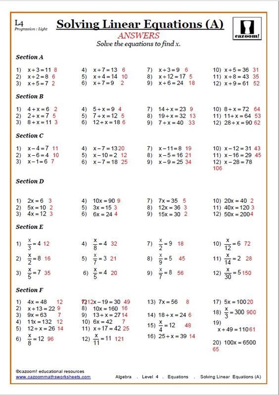Solving Equations Worksheets