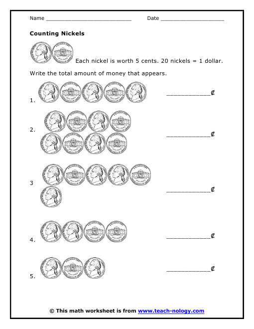 Counting Nickels Worksheet (free; From Teachnology)