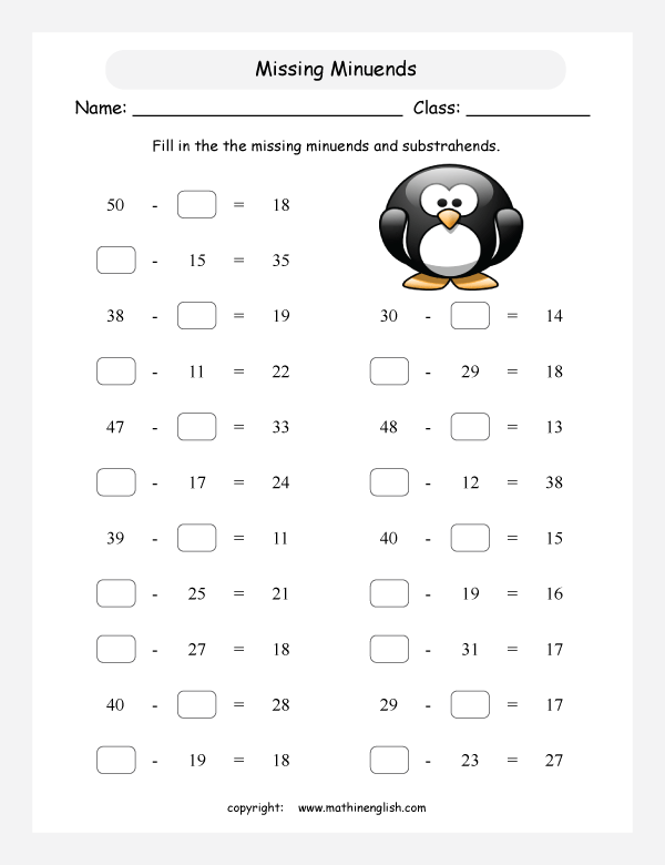 Find The Missing Minuends And Subtrahends Of Numbers Not Exceeding