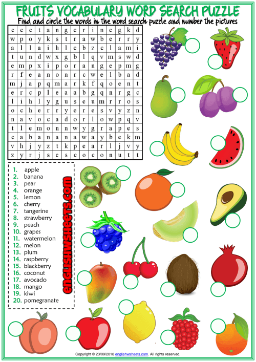 Fruits Word Search Puzzle Esl Printable Worksheet For Kids