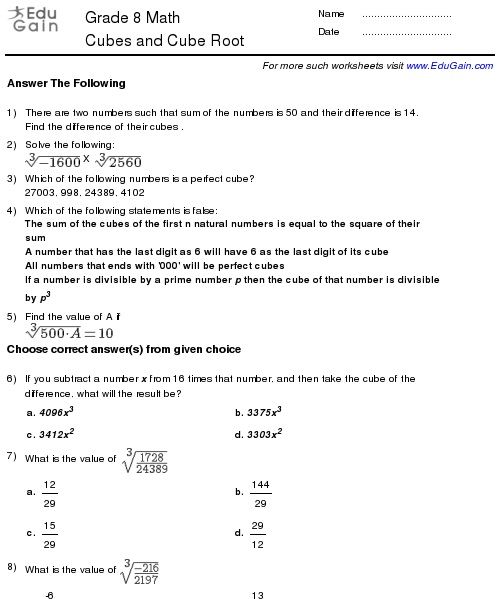 Class 8 Cubes And Cube Root Worksheets