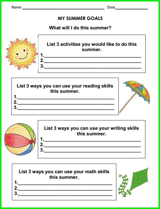 Summer Goal Setting Worksheets