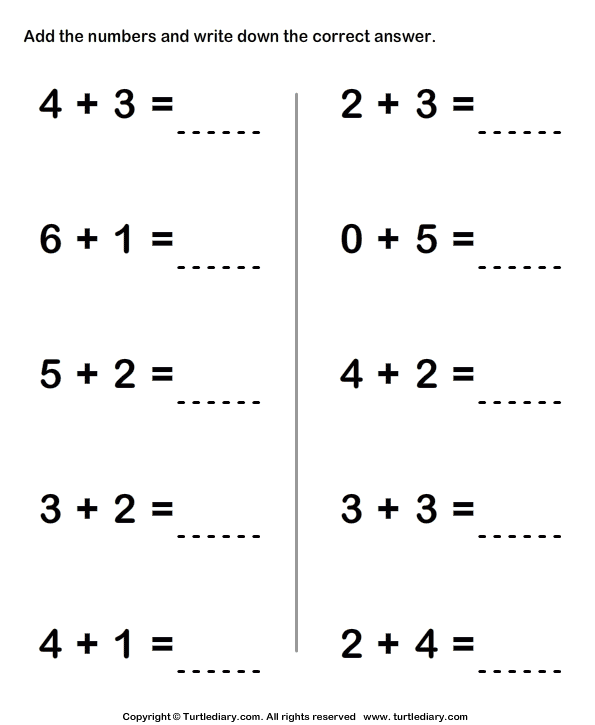 Adding Two One Digit Numbers Sums Up To Ten Worksheet