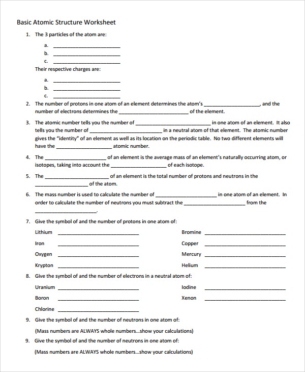 Atomic Structure Worksh Atom Structure Worksheet On States Of