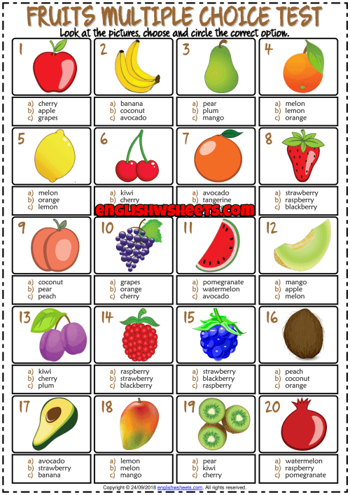 Fruits Esl Printable Multiple Choice Test For Kids