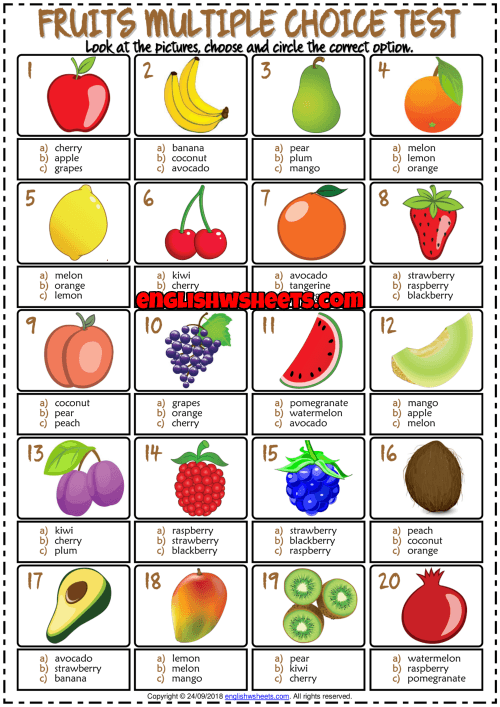 Fruits Esl Printable Multiple Choice Test For Kids | Worksheets Samples