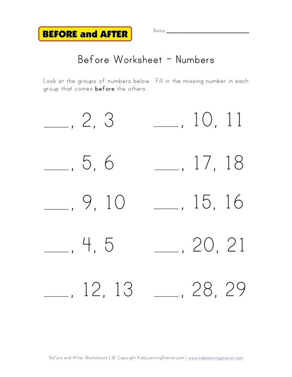 Numbers Before Worksheet