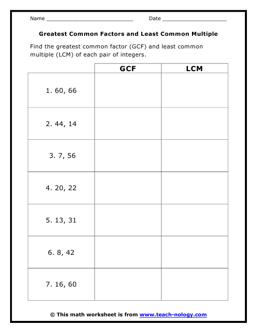 Greatest Common Factors And Least Common Multiple
