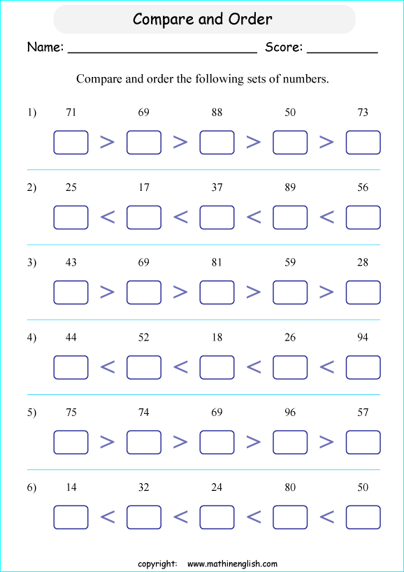 Compare And Order Numbers Up To 100 Math Worksheet For First Grade