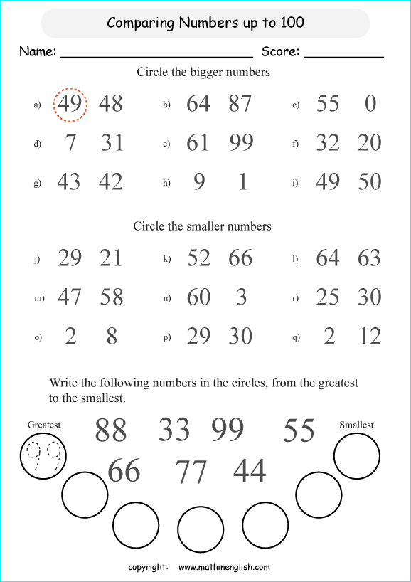 Circle The Bigger Or Smaller Numbers Up To 100 Math Worksheet For